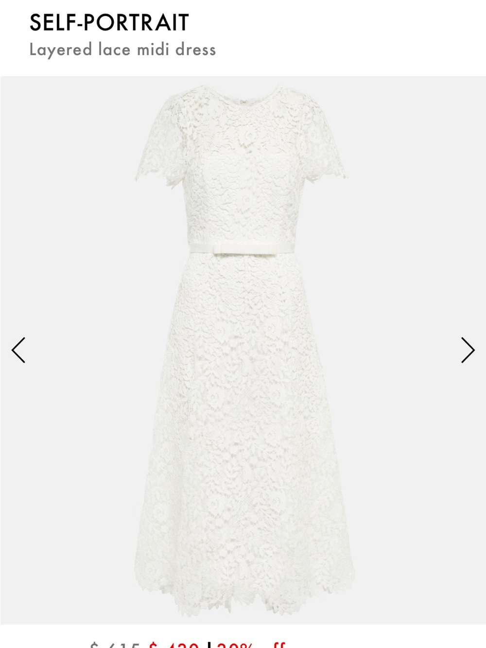 Self-Portrait White Layered Lace Midi Dress with Short Sleeves
